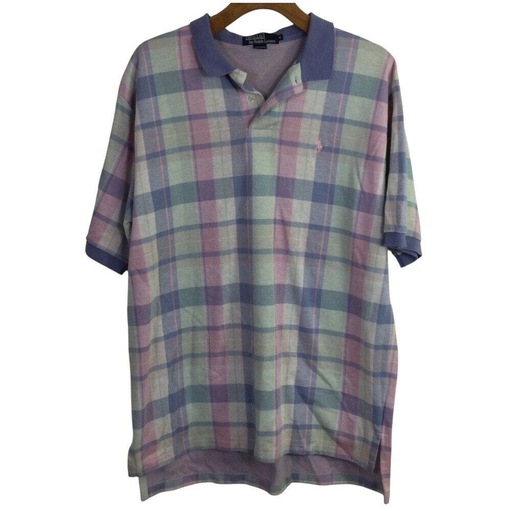 Polo by Ralph Lauren Mens Vintage 90’s Polo Shirt Pastel Pink Blue Plaid Size XL